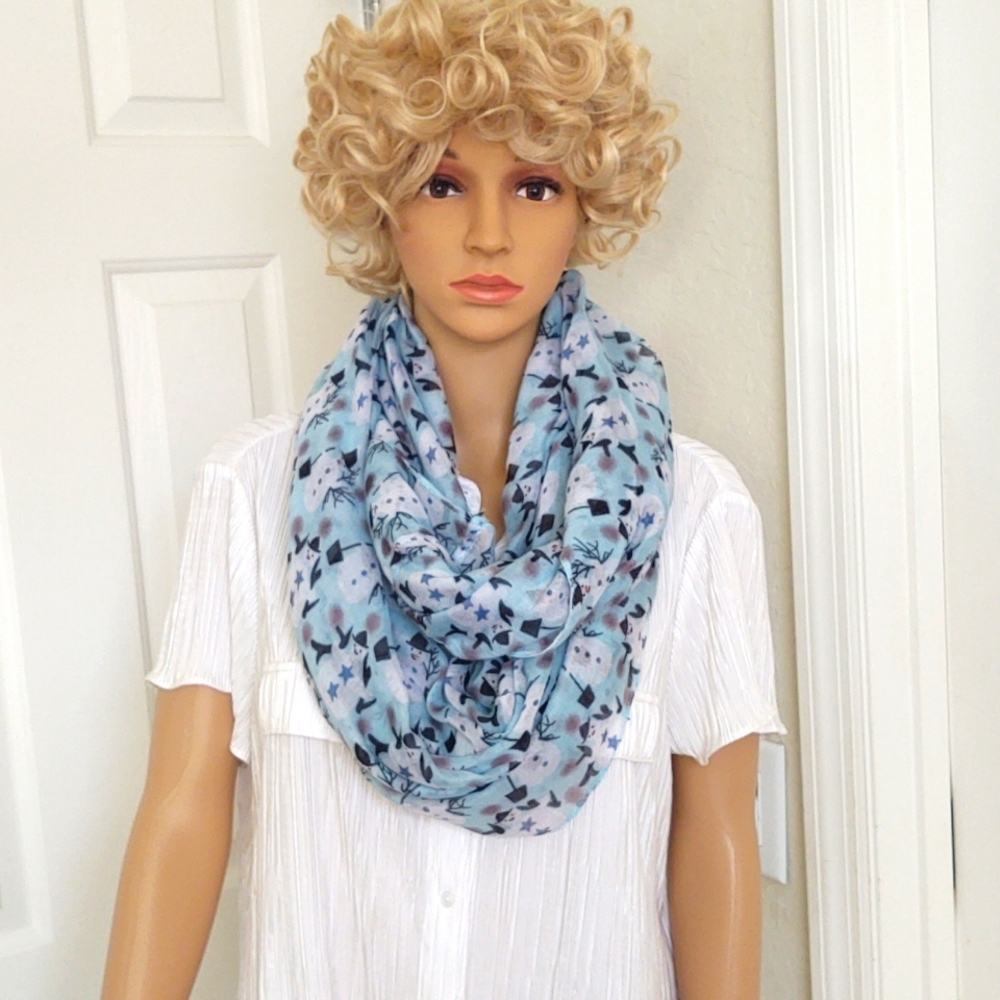 Light Blue Snowman Print Continuous Loop Gauze Scarf